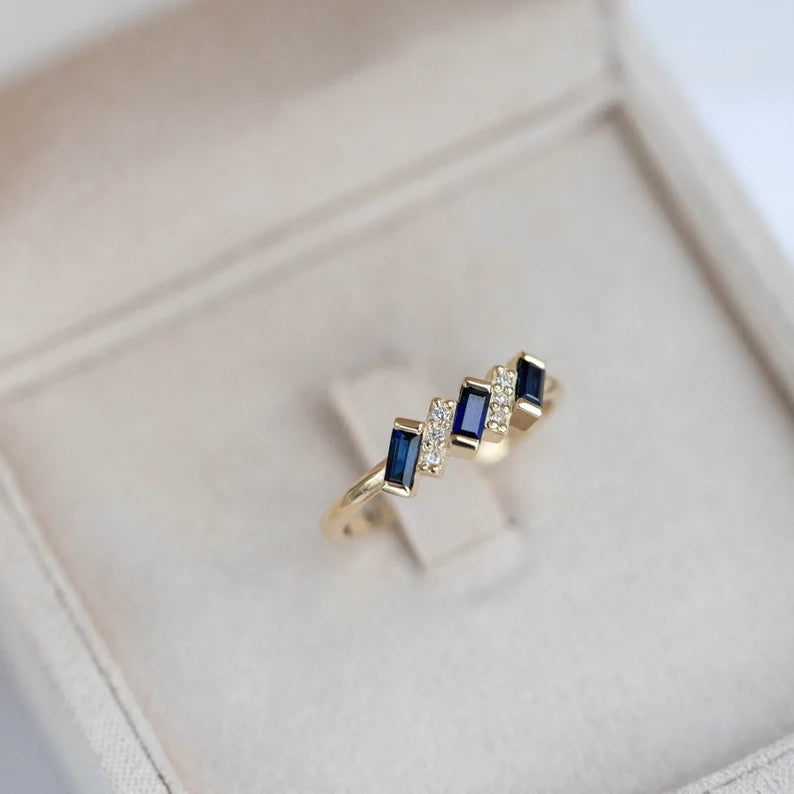 Art Deco Blue Sapphire Diamond Ring 14K Gold Baguette - Anniversary Gift for Women gorgeous Ring