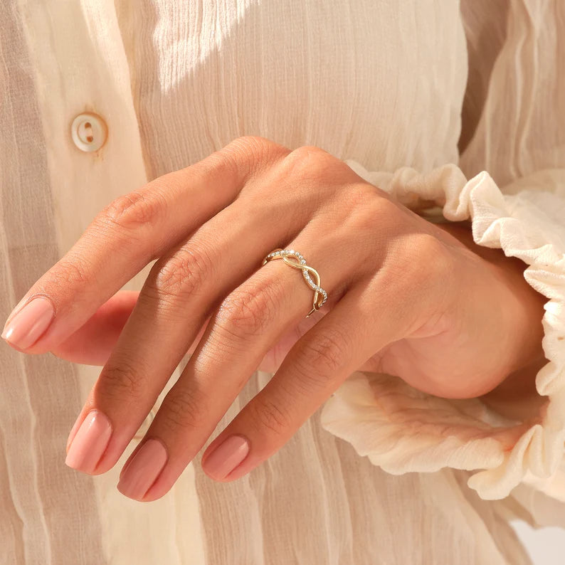 Diamond Twisted Infinity Ring | 14k Solid Gold Eternity Rope Wedding Ring | Pave Diamond Stacking Ring Women | Open Twist Ring Gold