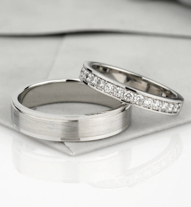 White Gold Couple Wedding Bands – Diamond Wedding Rings, Solid Gold, Handmade