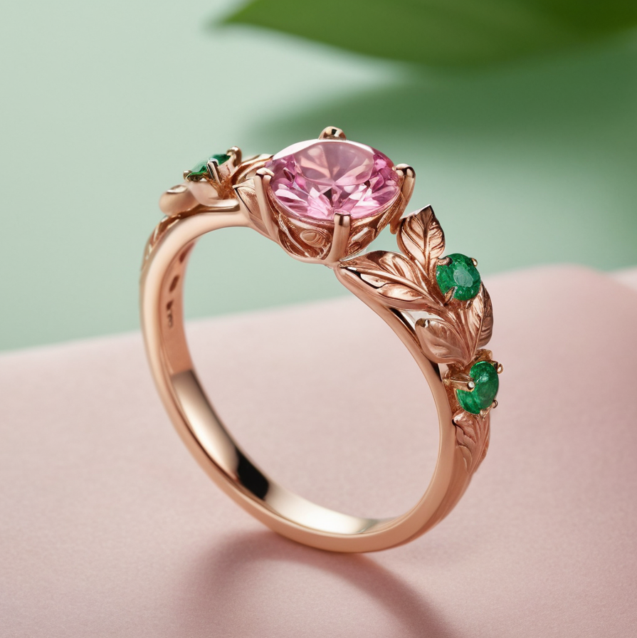 Floral Gold Ring with Pink and Green Diamonds – A Blooming Symbol of Elegance