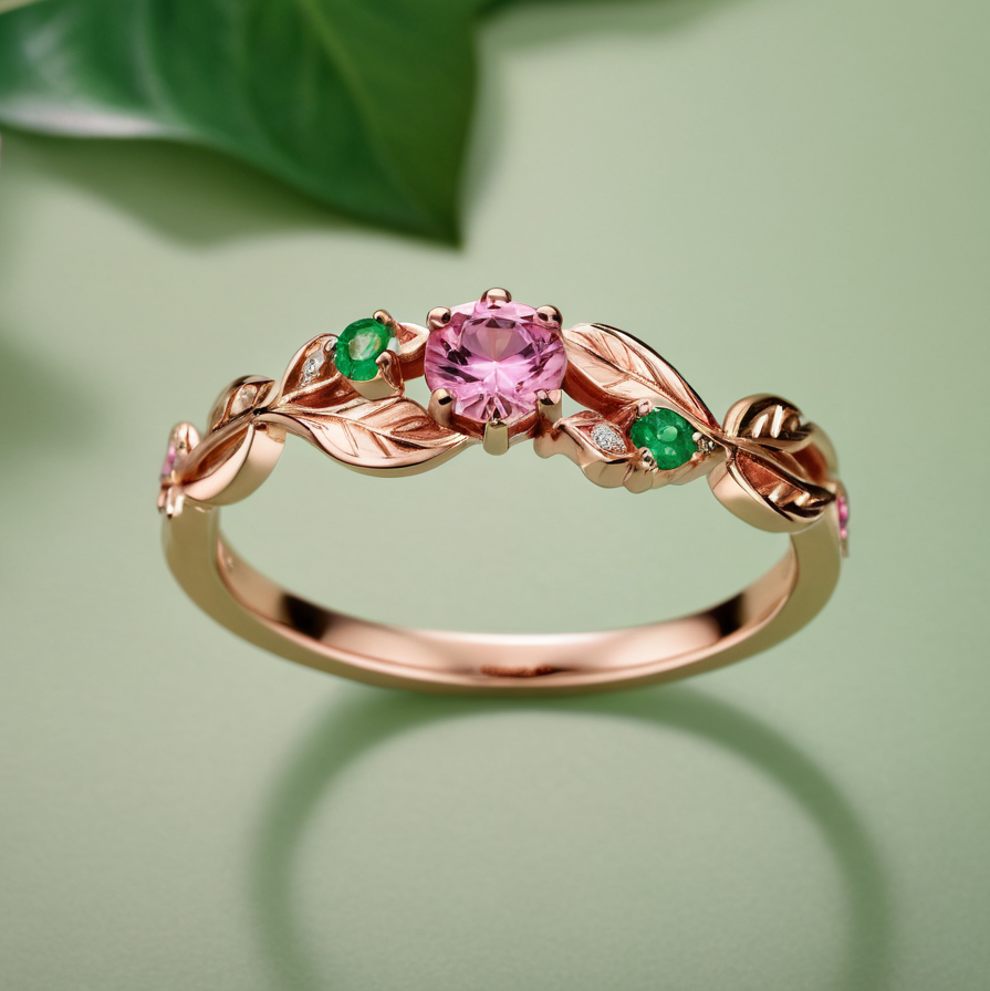 Blooming Floral Gold Ring with Pink & Green Diamonds – A Unique Elegance