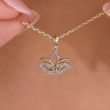 Lotus flower lab-grown diamond pendant with an elegant floral design by Flexfives Jewels.