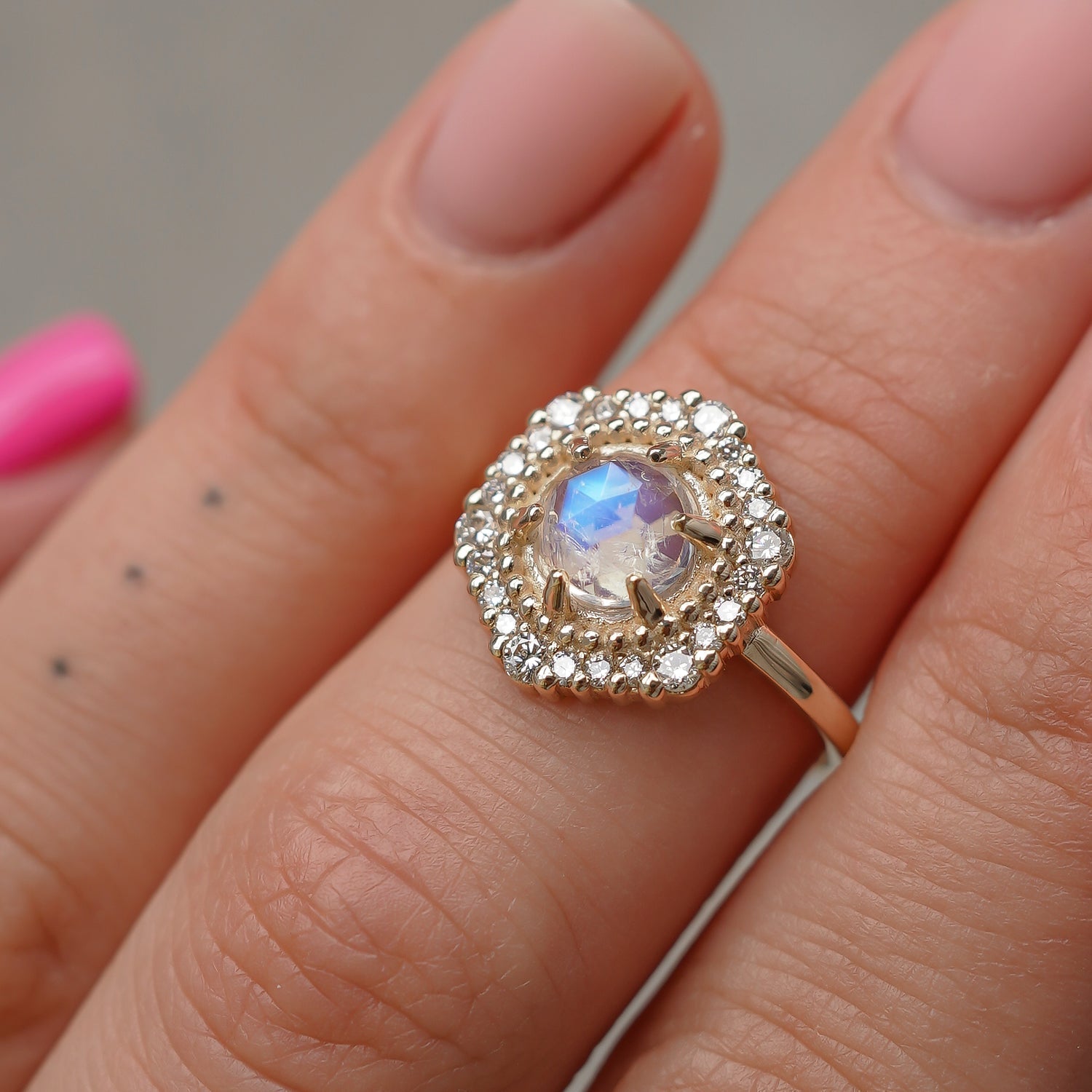 Mystical Rose Cut Moonstone Hexagon Halo Engagement Ring, Natural Diamonds