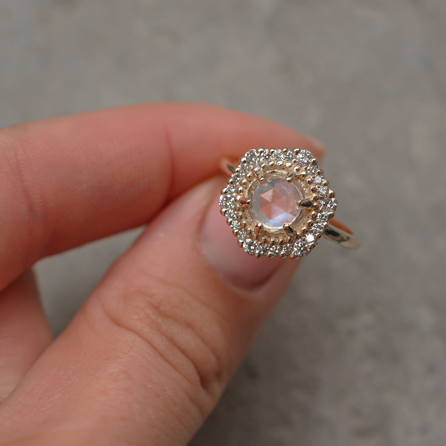 Mystical Rose Cut Moonstone Hexagon Halo Engagement Ring, Natural Diamonds