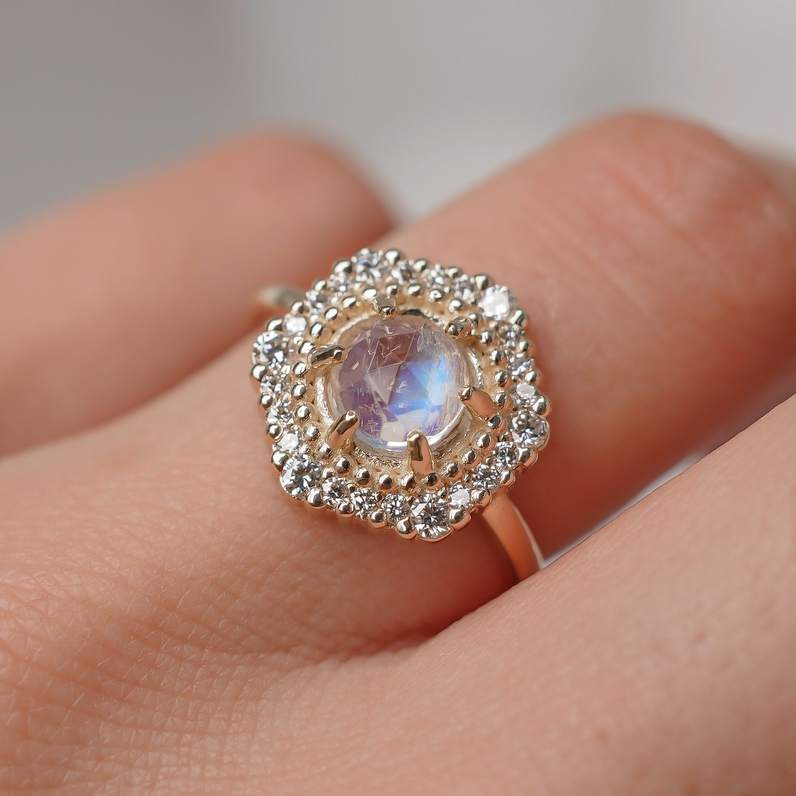 Mystical Rose Cut Moonstone Hexagon Halo Engagement Ring, Natural Diamonds