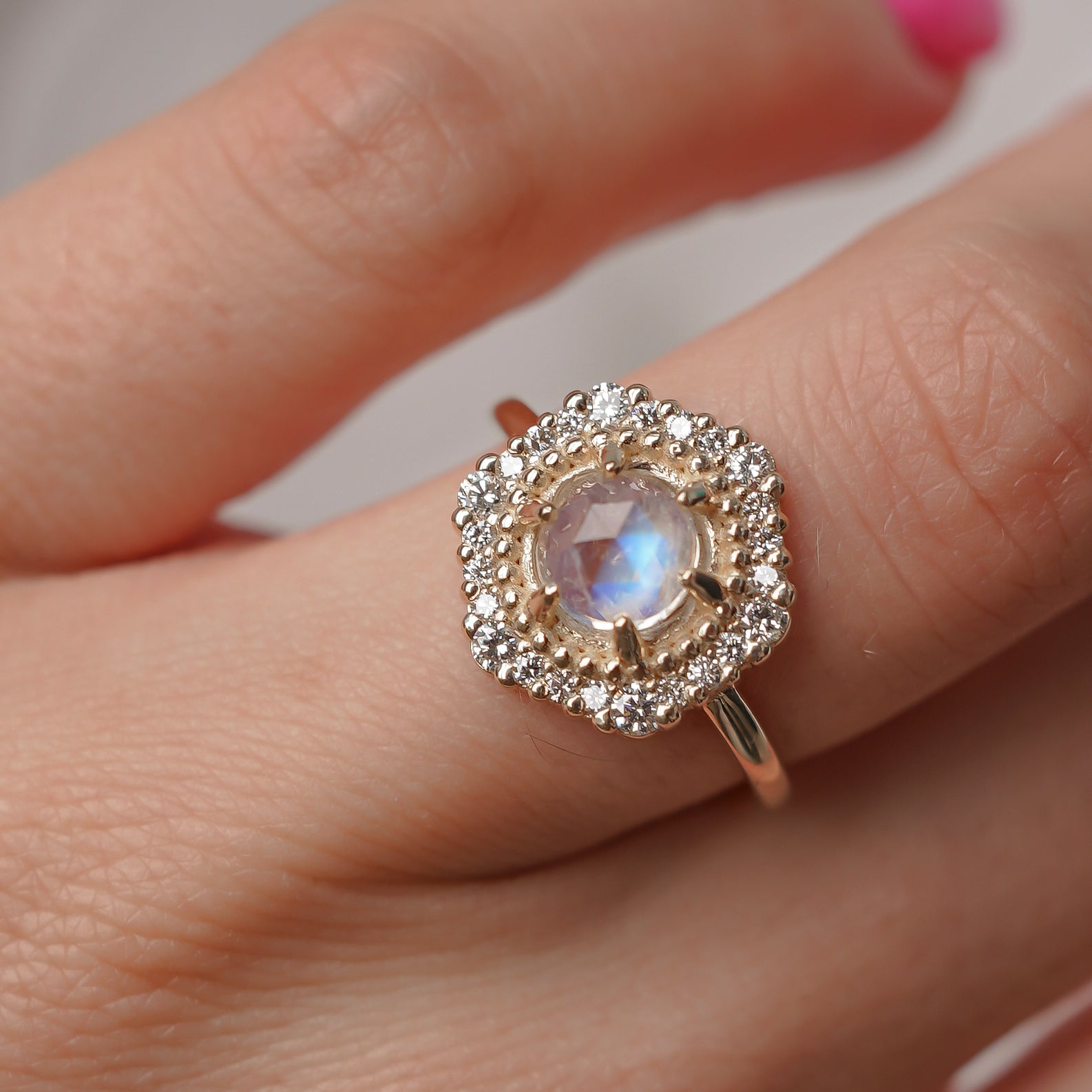 Mystical Rose Cut Moonstone Hexagon Halo Engagement Ring, Natural Diamonds