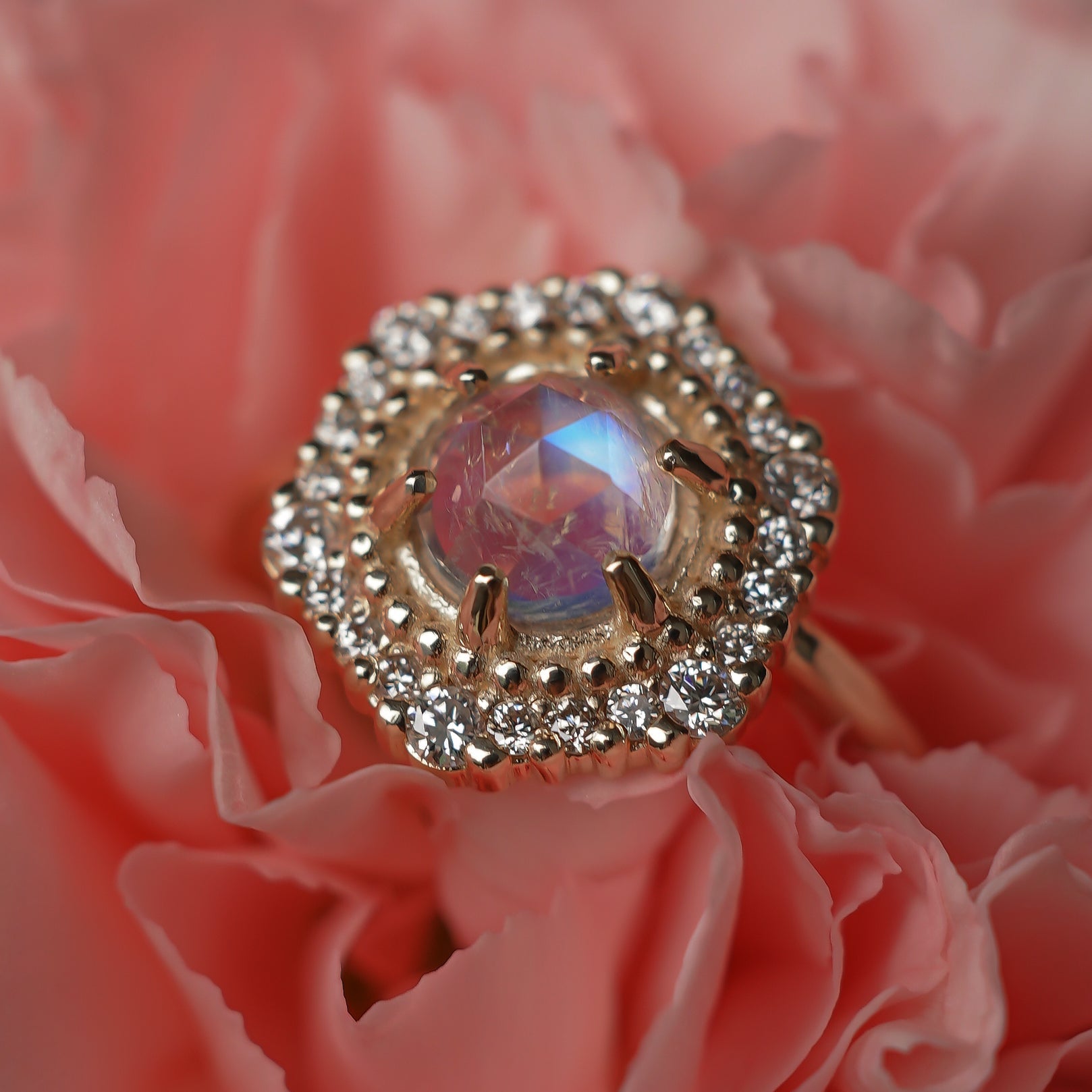 Mystical Rose Cut Moonstone Hexagon Halo Engagement Ring, Natural Diamonds