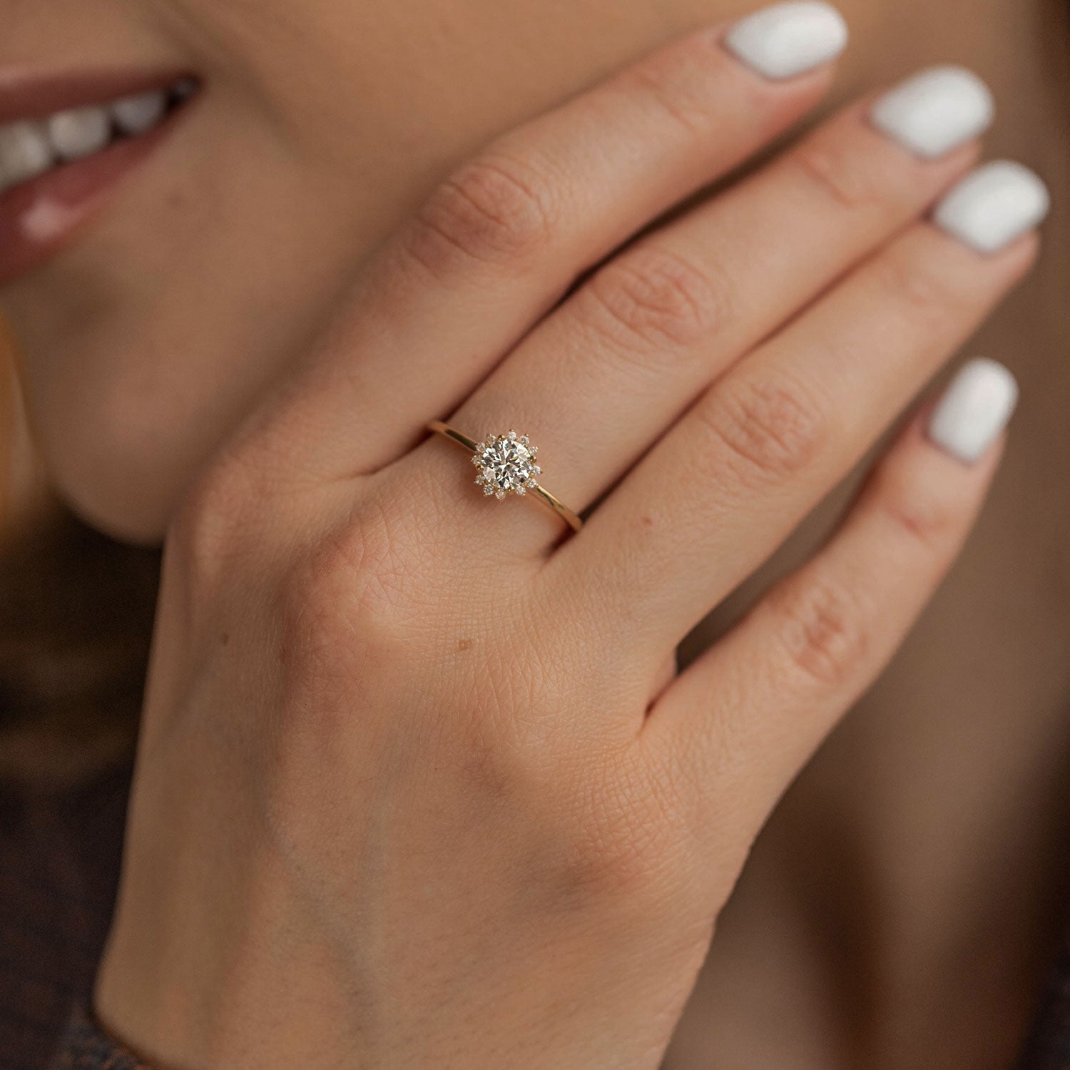 Peaceful Sunflower Engagement Ring, Round Brilliant With Halo