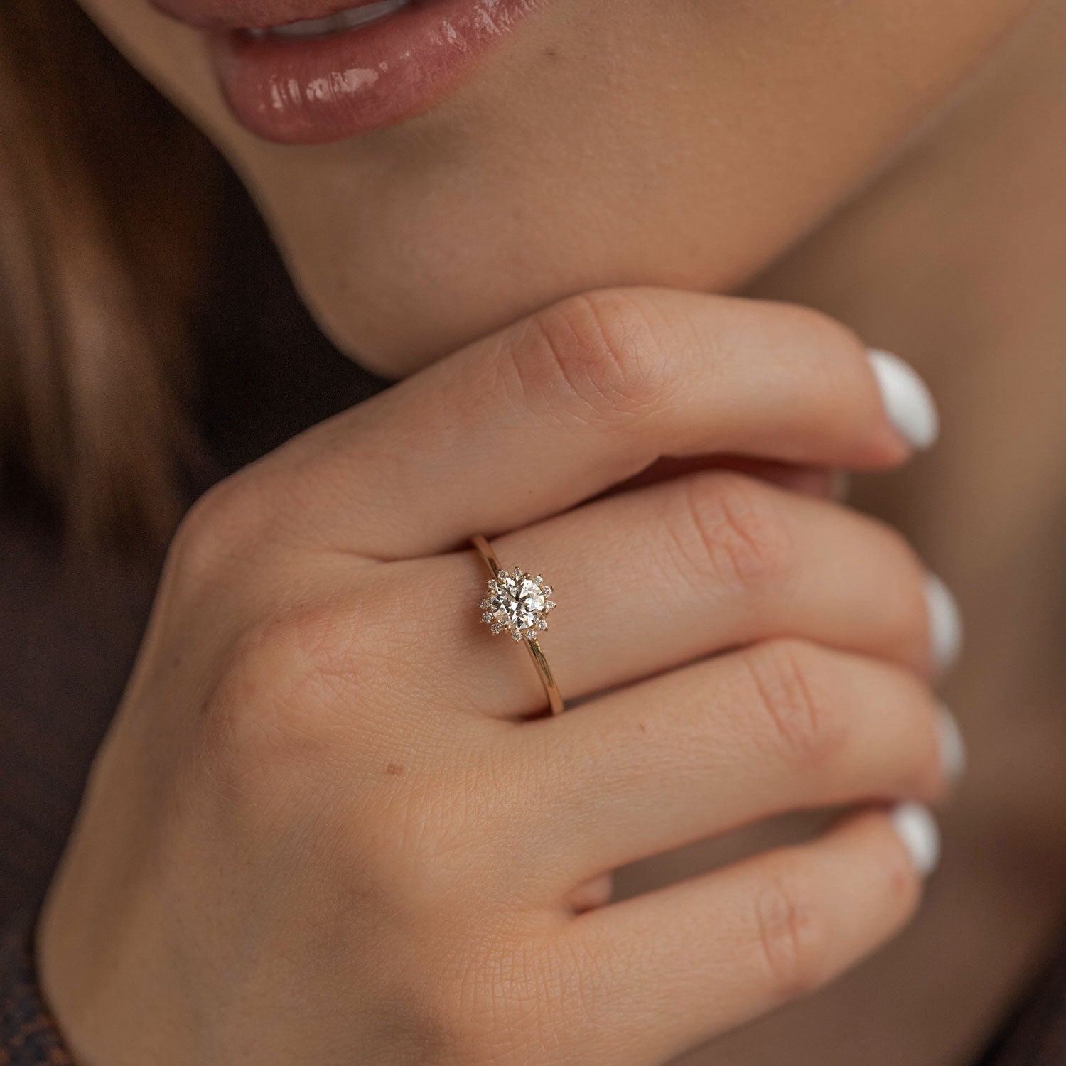 Peaceful Sunflower Engagement Ring, Round Brilliant With Halo