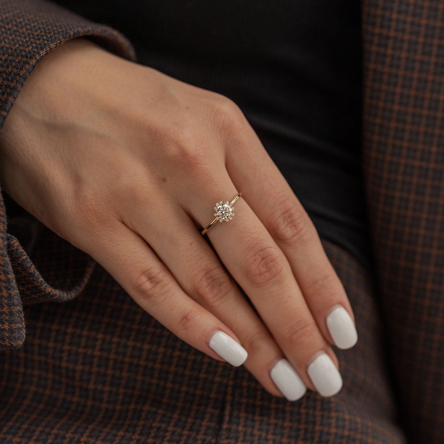 Peaceful Sunflower Engagement Ring, Round Brilliant With Halo