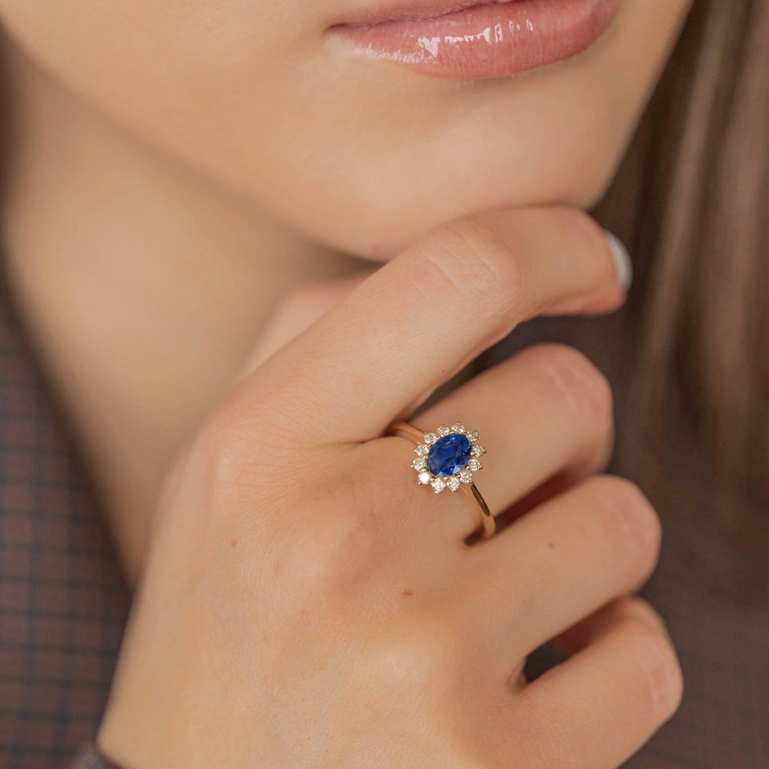 Stunning Belle Halo Engagement Ring, Blue Sapphire & Diamonds