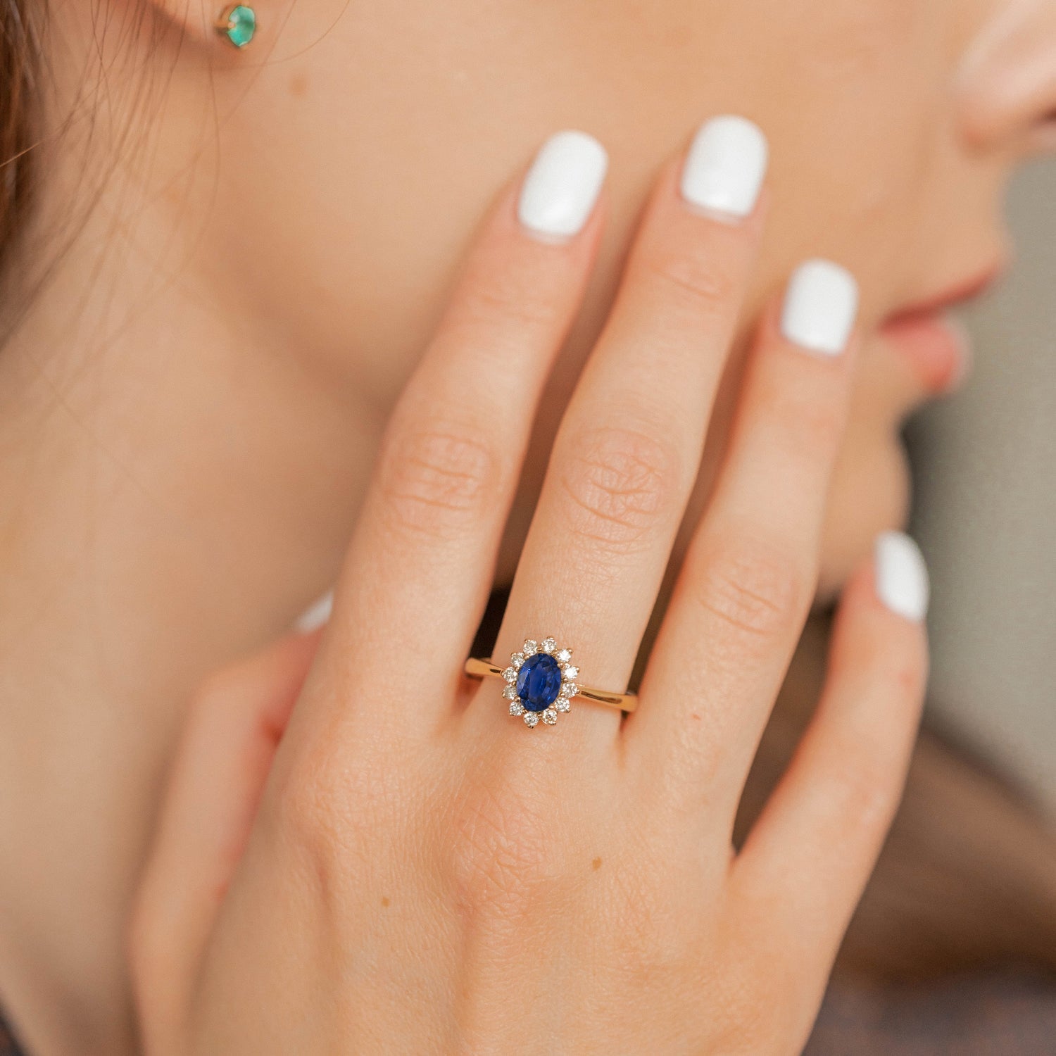 Stunning Belle Halo Engagement Ring, Blue Sapphire & Diamonds