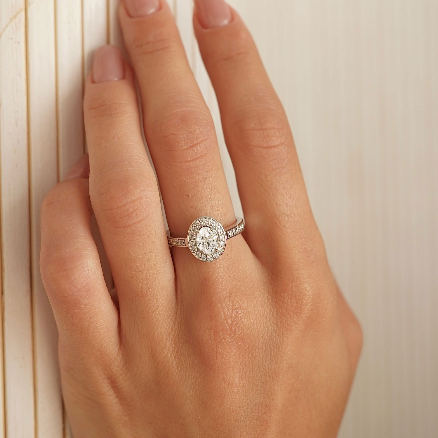 Micropave Sparkling Halo Engagement Ring, Oval With Round Brilliant