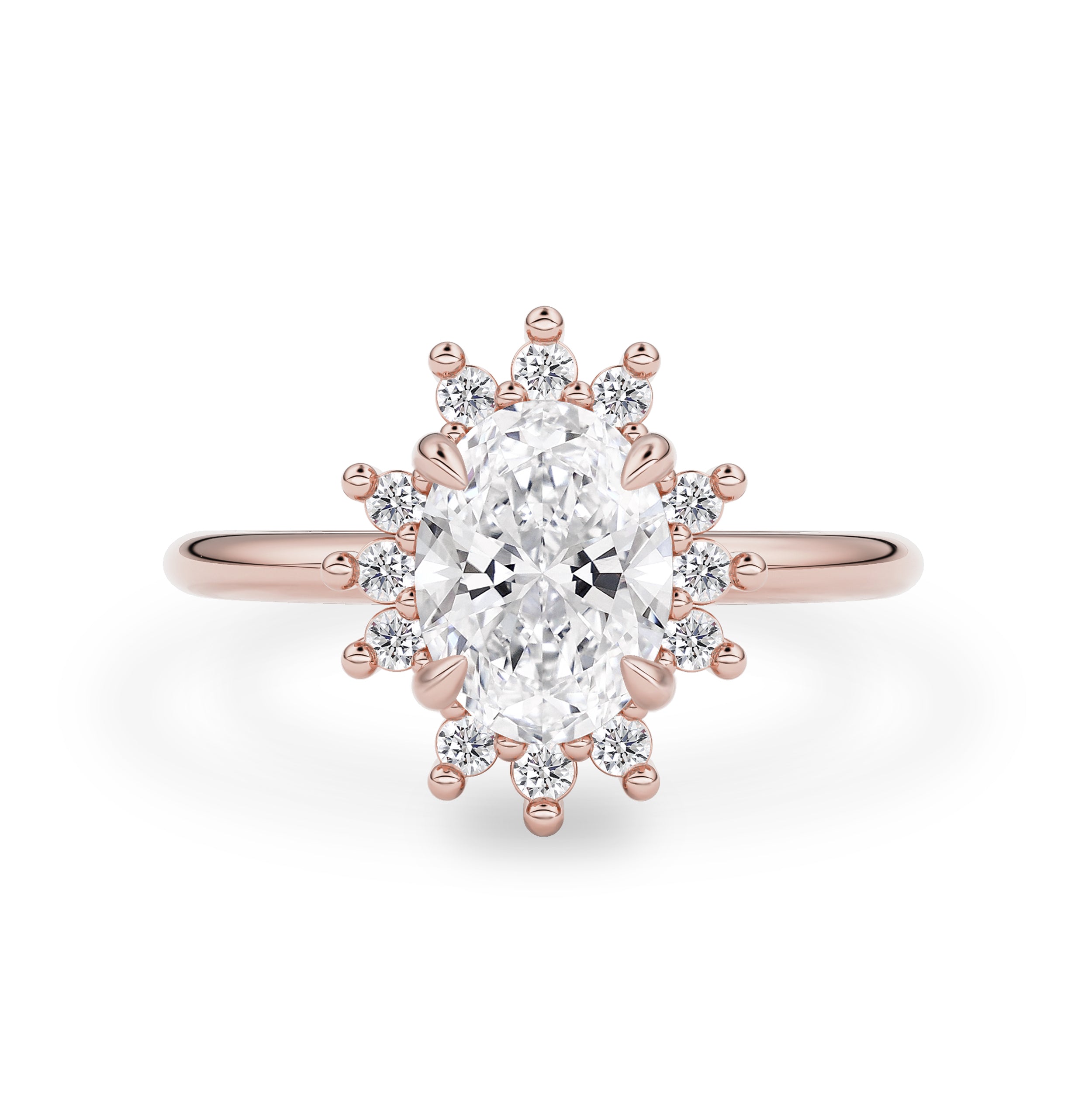 Oval Peaceful Sunflower Halo Engagement Ring, Moissanite/Lab Grown Diamond