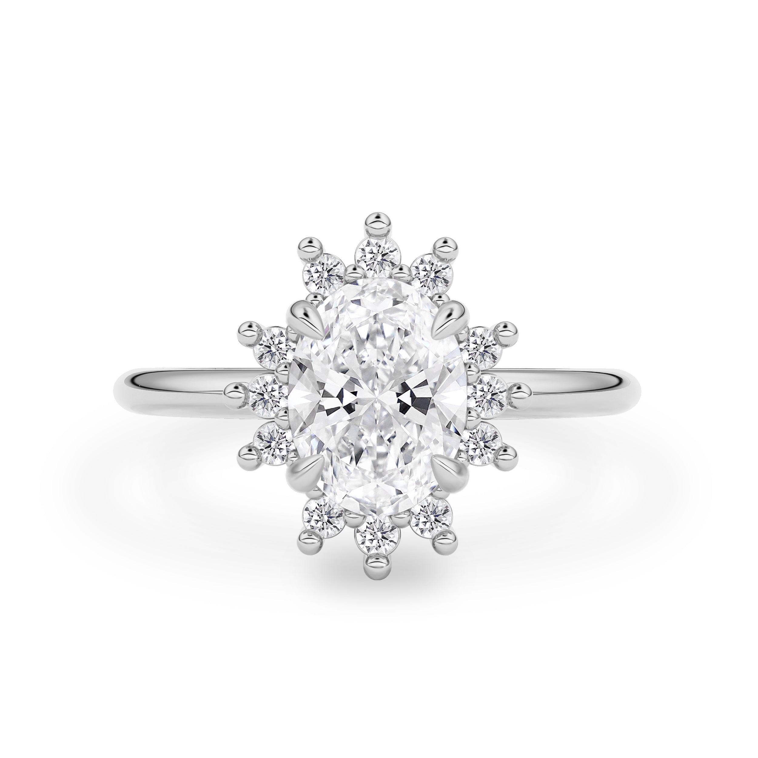 Oval Peaceful Sunflower Halo Engagement Ring, Moissanite/Lab Grown Diamond