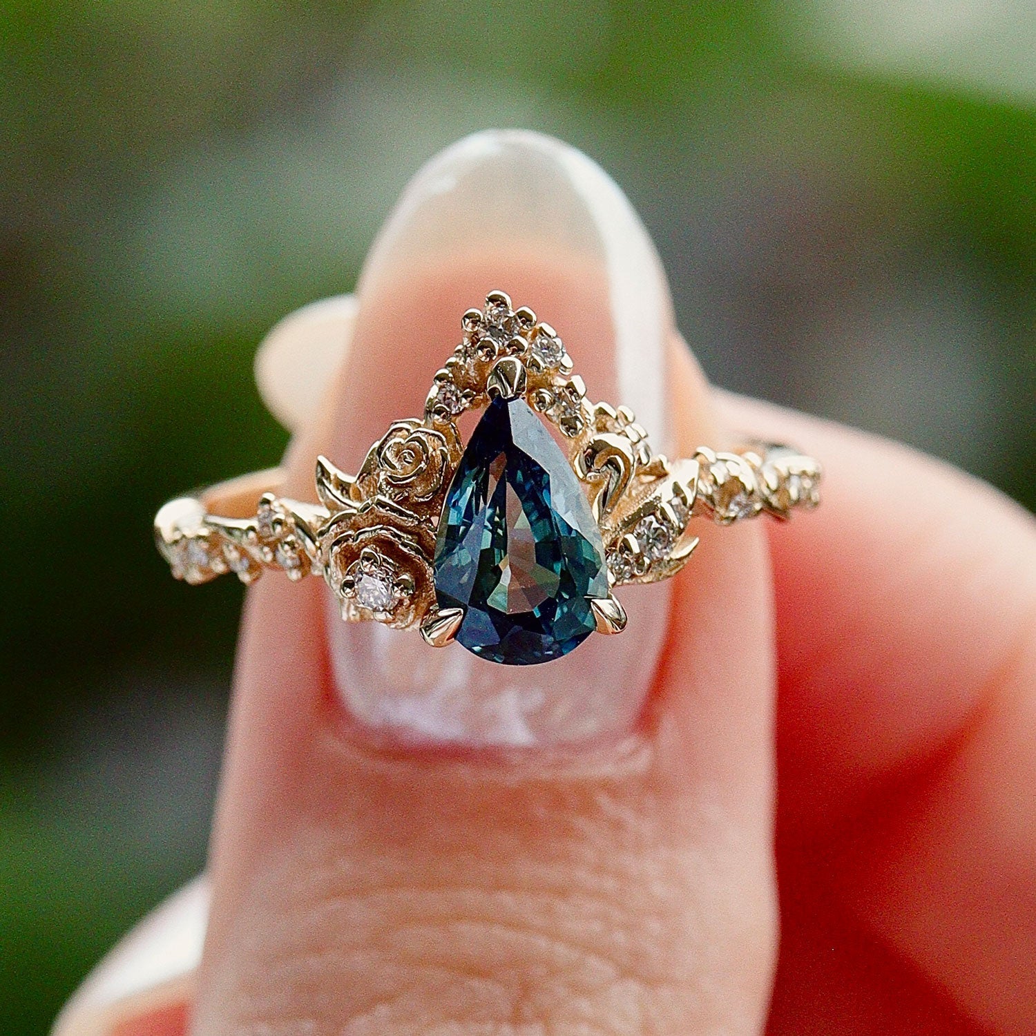 Blossom Rose & Dancing Swan Engagement Ring, Pear Cut Teal Sapphire