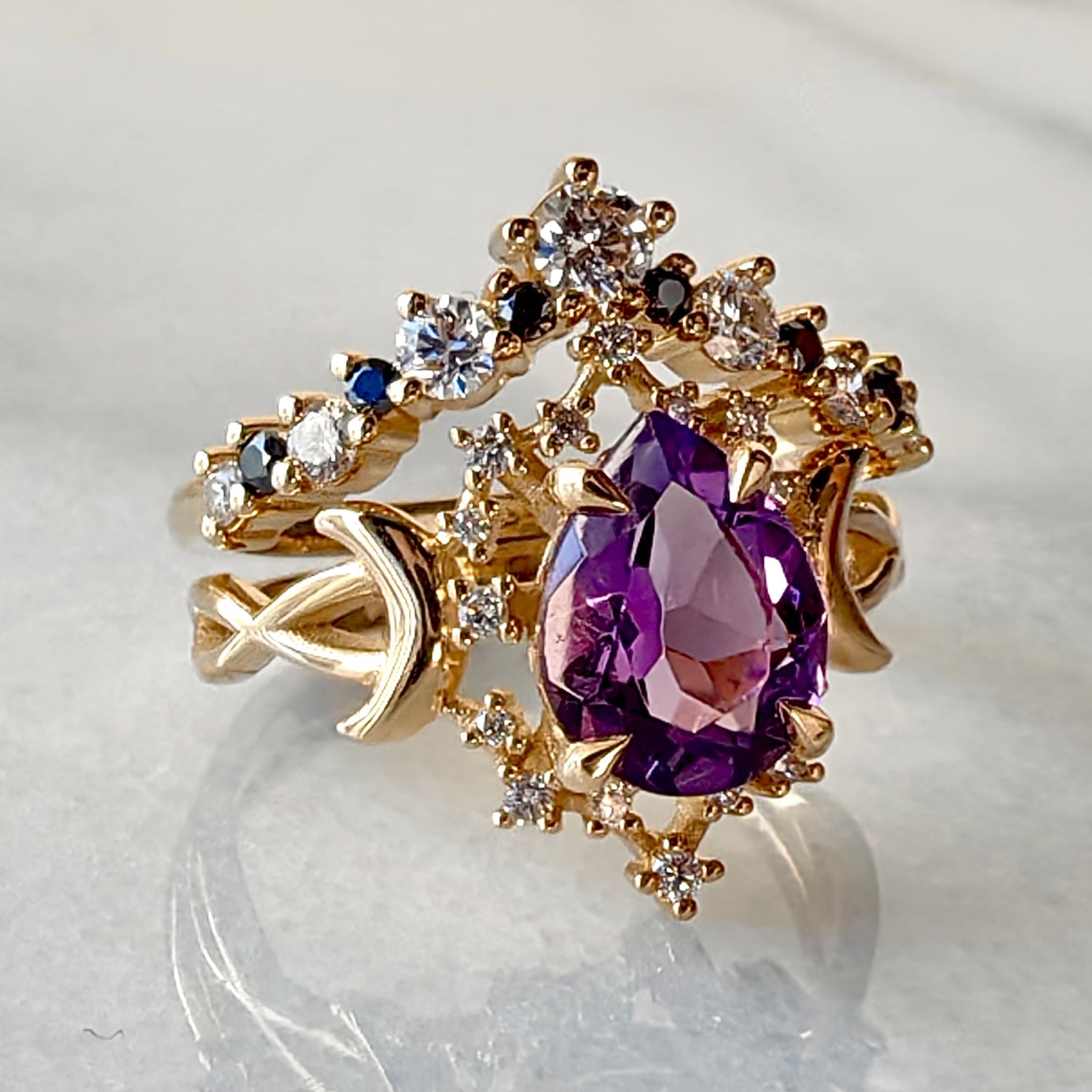 Alice Star & Moon Magic Engagement Ring, Pear Cut Amethyst