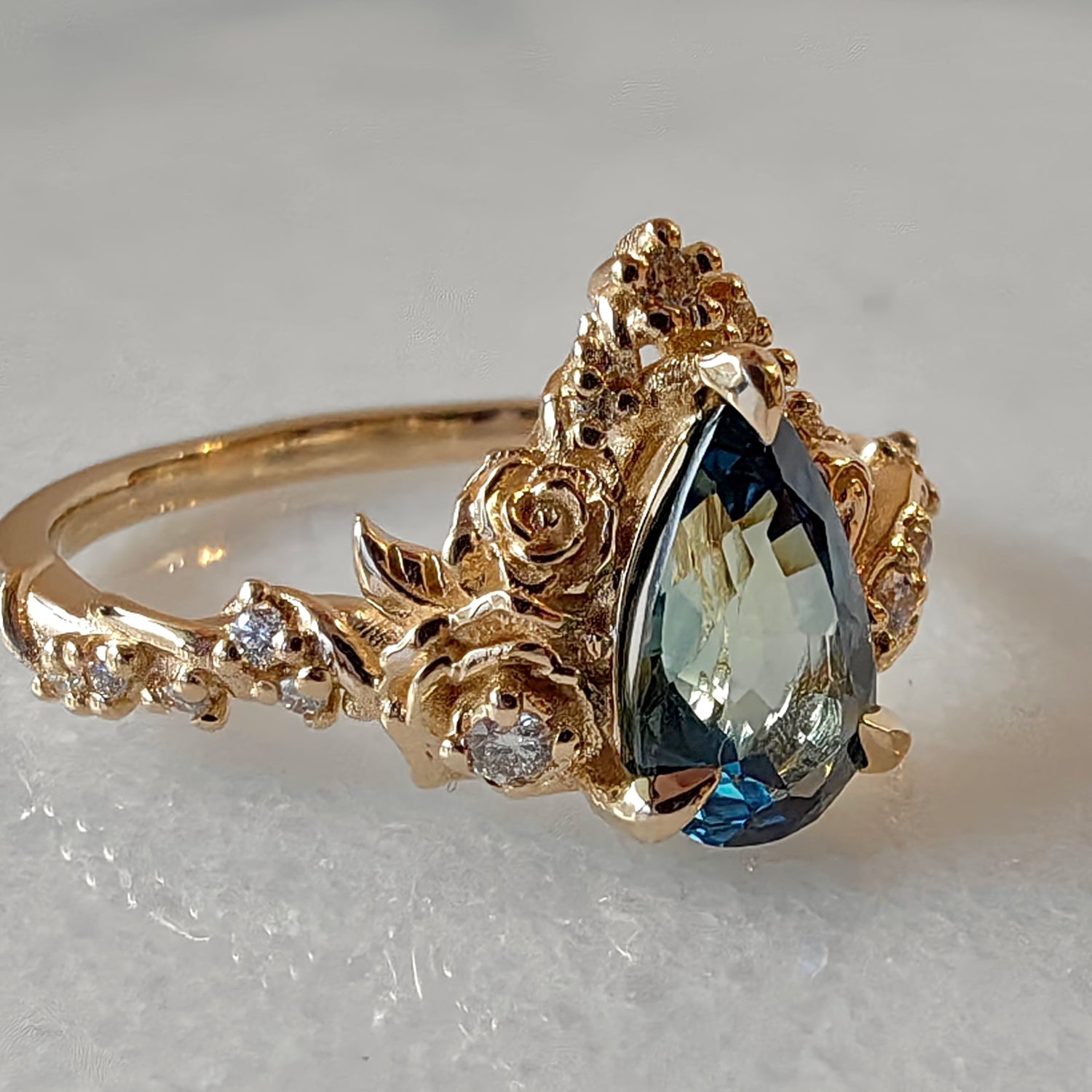 Blossom Rose & Dancing Swan Engagement Ring, Pear Cut Teal Sapphire