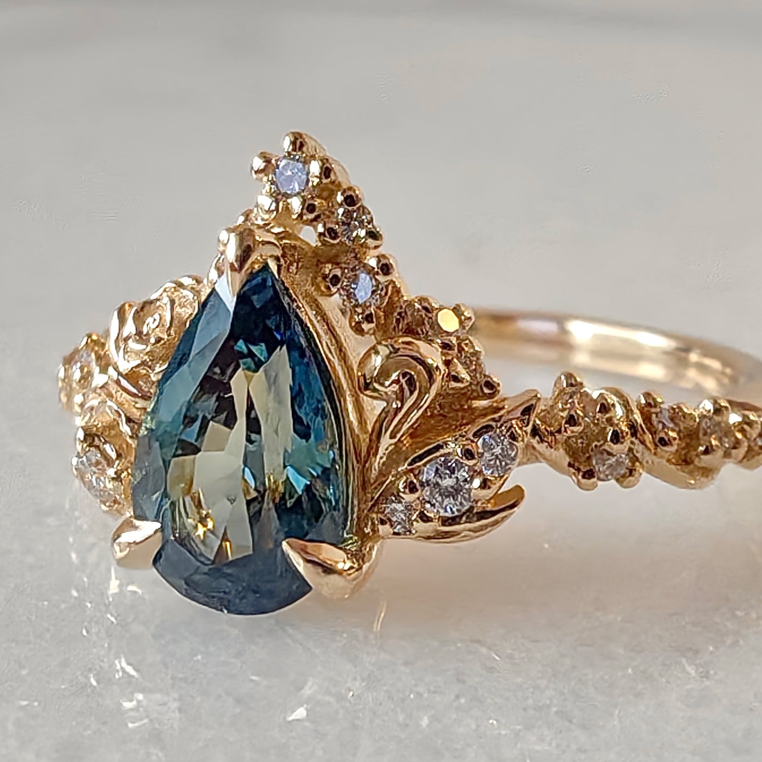 Blossom Rose & Dancing Swan Engagement Ring, Pear Cut Teal Sapphire