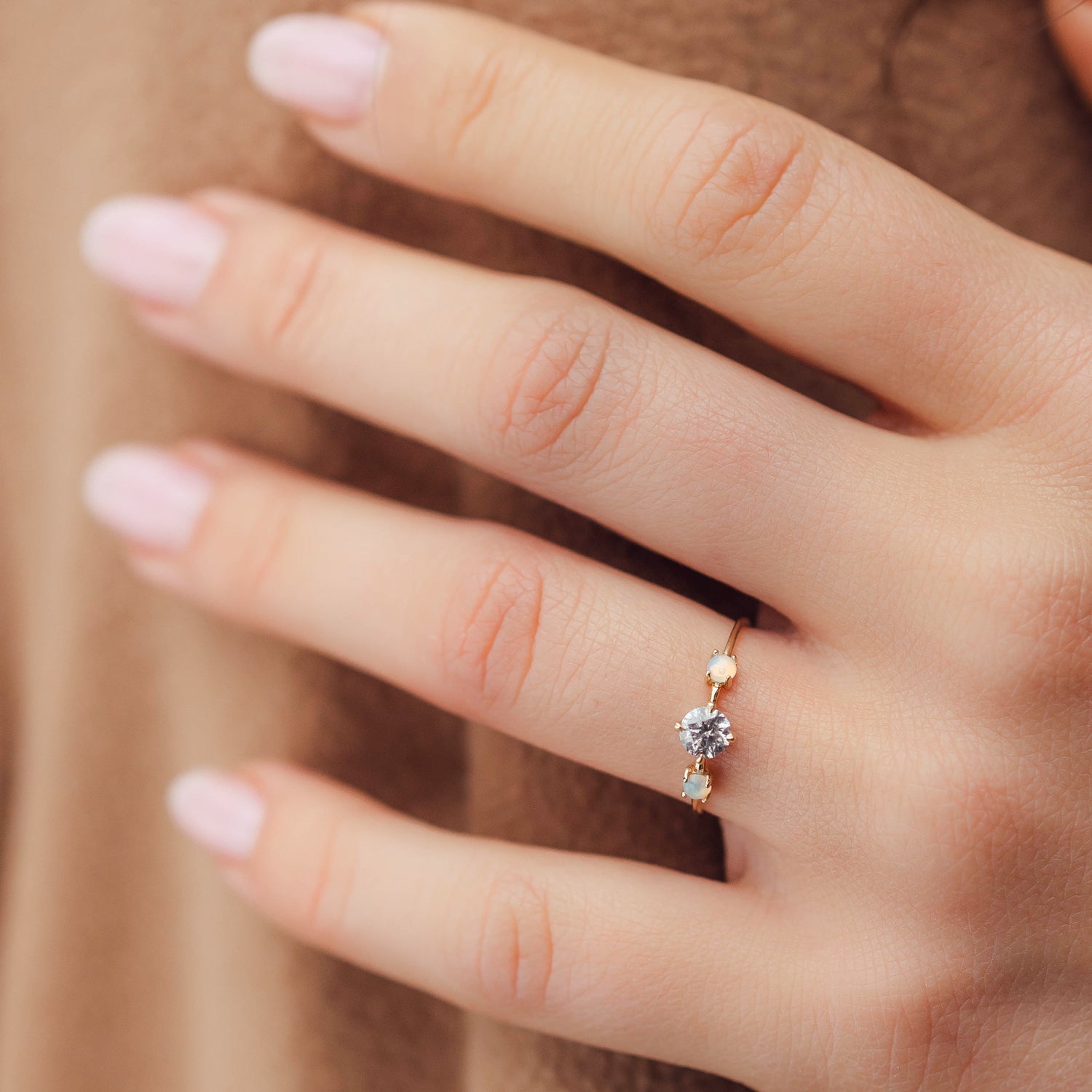 Dreamy Spirit Ring, Salt Pepper Diamond & Opals