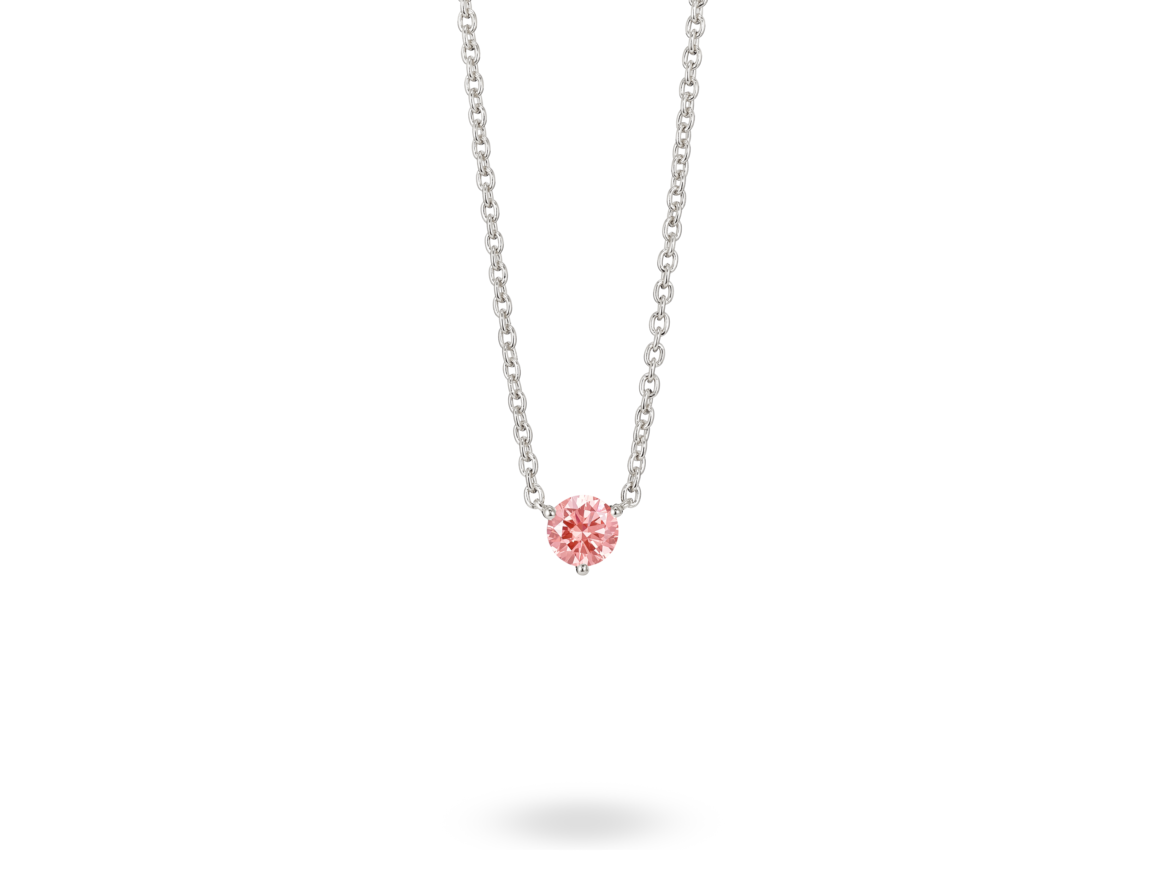 Front view of a pink 0.5 carat round brilliant solitaire pendant in 14k white gold