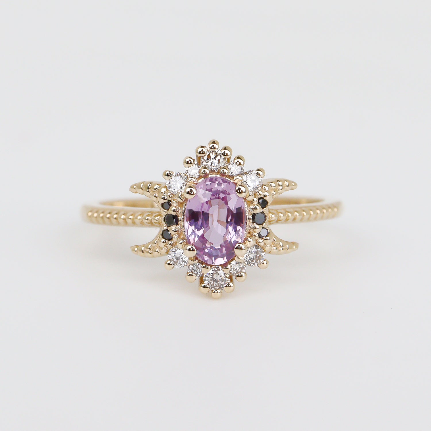 Endless Love Pink Sapphire Moon Halo Engagement Ring, Milgrain