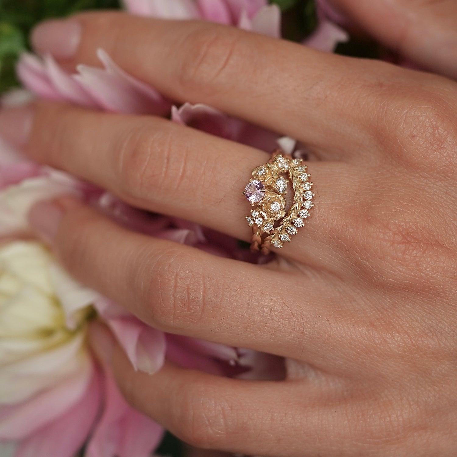 Small Rose Blossom Engagement Ring, Pink Sapphire & Natural Diamond