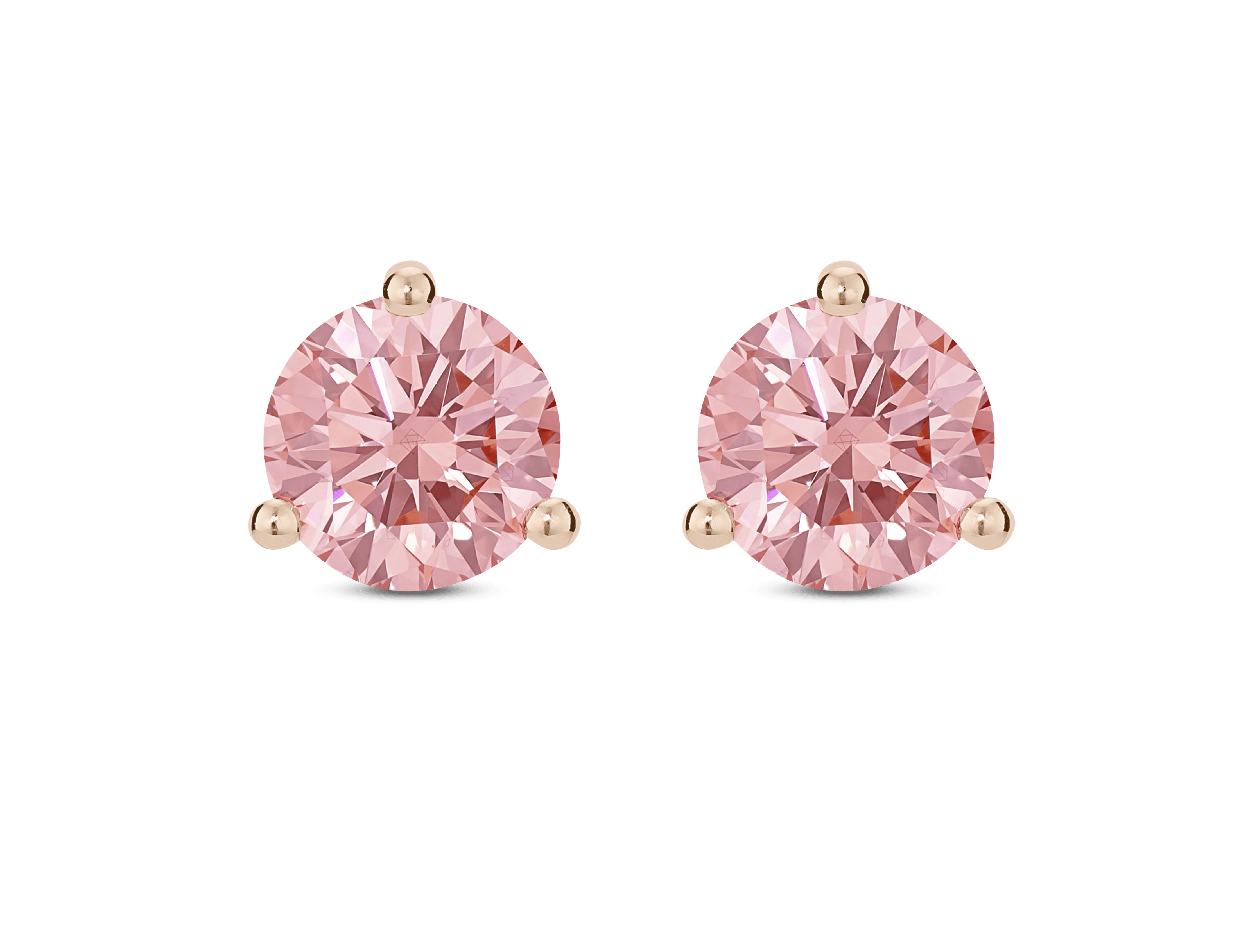 Front view of pink lab grown diamond 2 carat total weight round brilliant studs in 14k rose gold