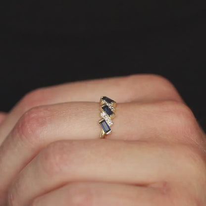 Art Deco Blue Sapphire Diamond Ring 14K Gold Baguette - Anniversary Gift for Women gorgeous Ring
