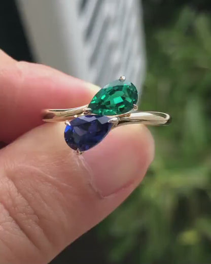 14k Gold Sapphire & Emerald Ring, Two Stone Ring, Pear Cut Gemstones Ring, 14k gold make to order ring , Engagement Ring, Wedding Ring, Statement Ring