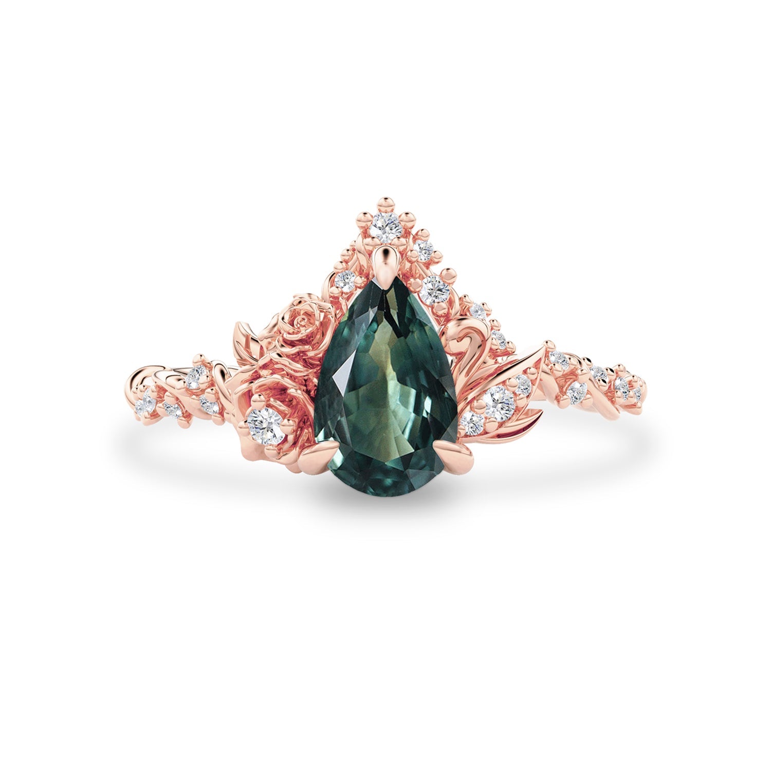 Blossom Rose & Dancing Swan Engagement Ring, Pear Cut Teal Sapphire