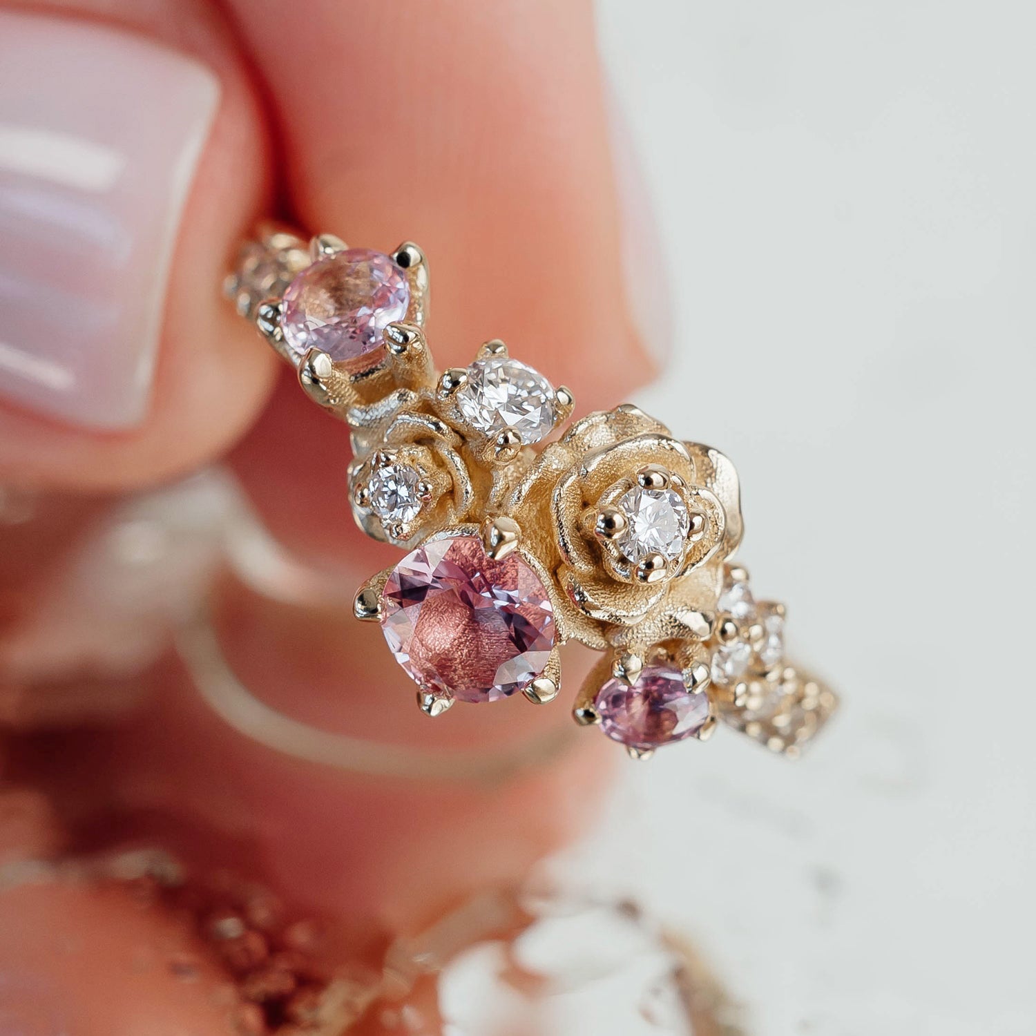 Rose Blossom Engagement Ring, Pink Sapphire & Natural Diamond