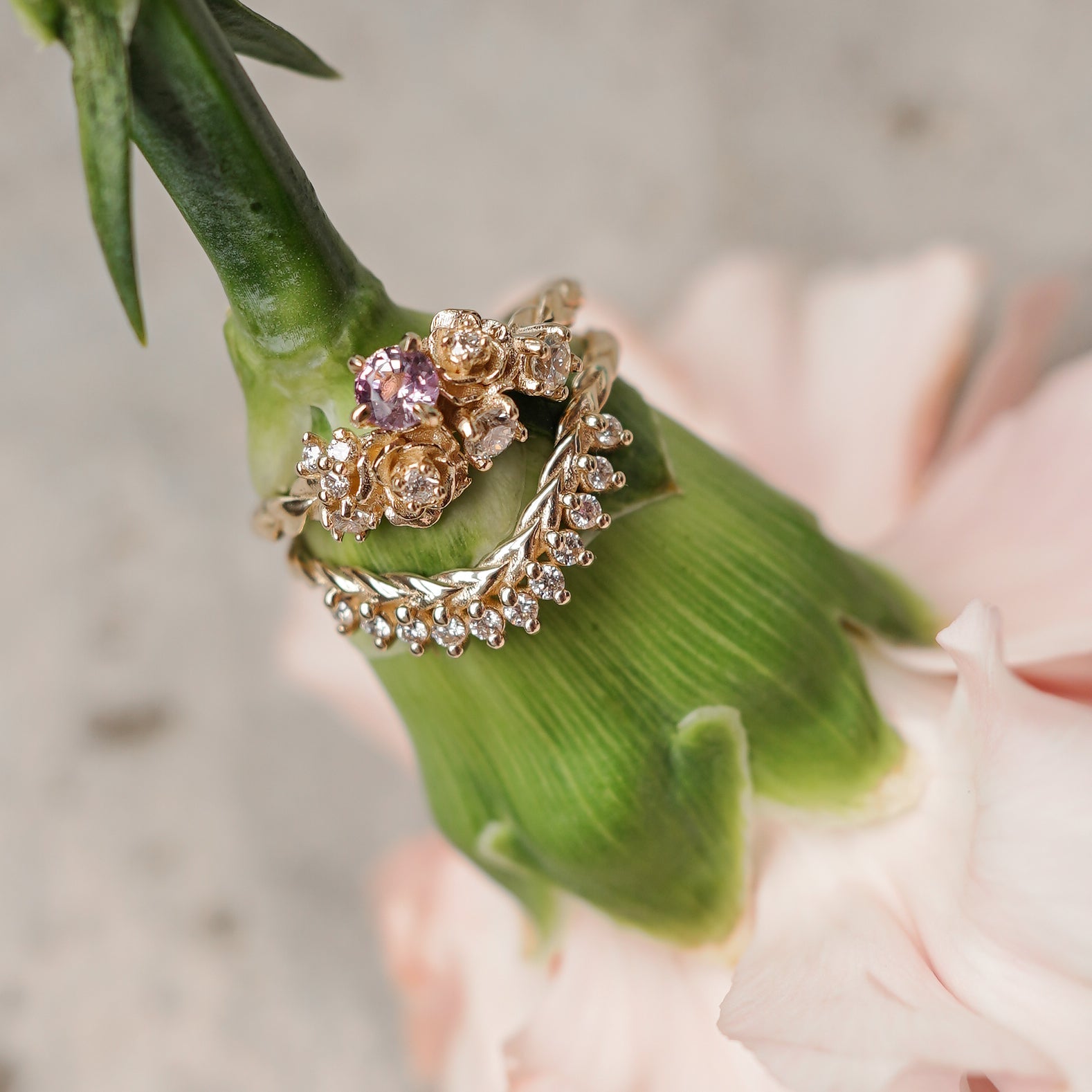 Small Rose Blossom Engagement Ring, Pink Sapphire & Natural Diamond