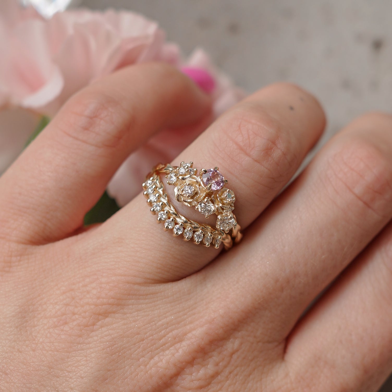 Small Rose Blossom Engagement Ring, Pink Sapphire & Natural Diamond