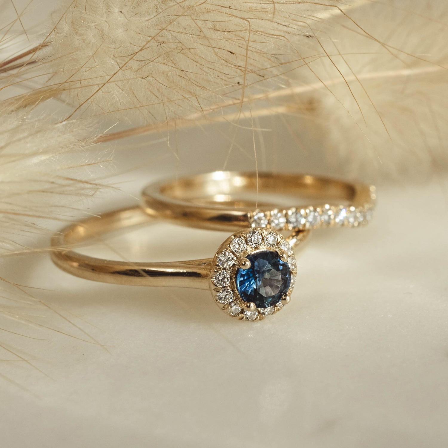 Anastasia’s Dream Pavé Halo Engagement Ring, Lab Grown Blue Sapphire