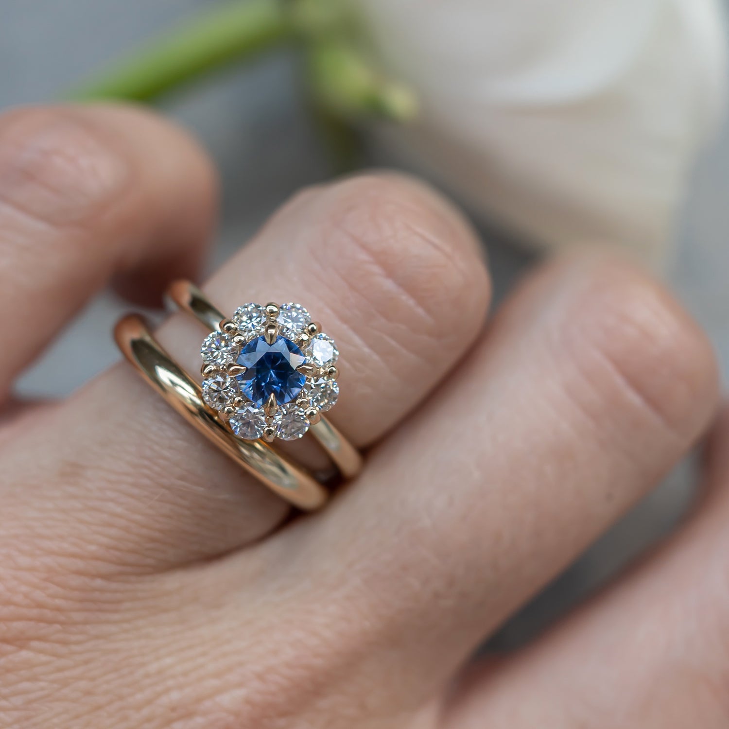 True Love Halo Engagement Ring No.2, Natural Blue Sapphire & Diamond