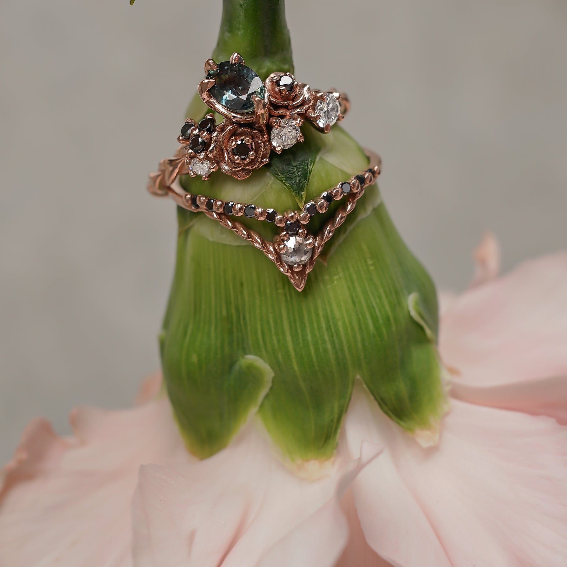 Small Rose Blossom Engagement Ring, Oval Sapphire & Natural Diamond