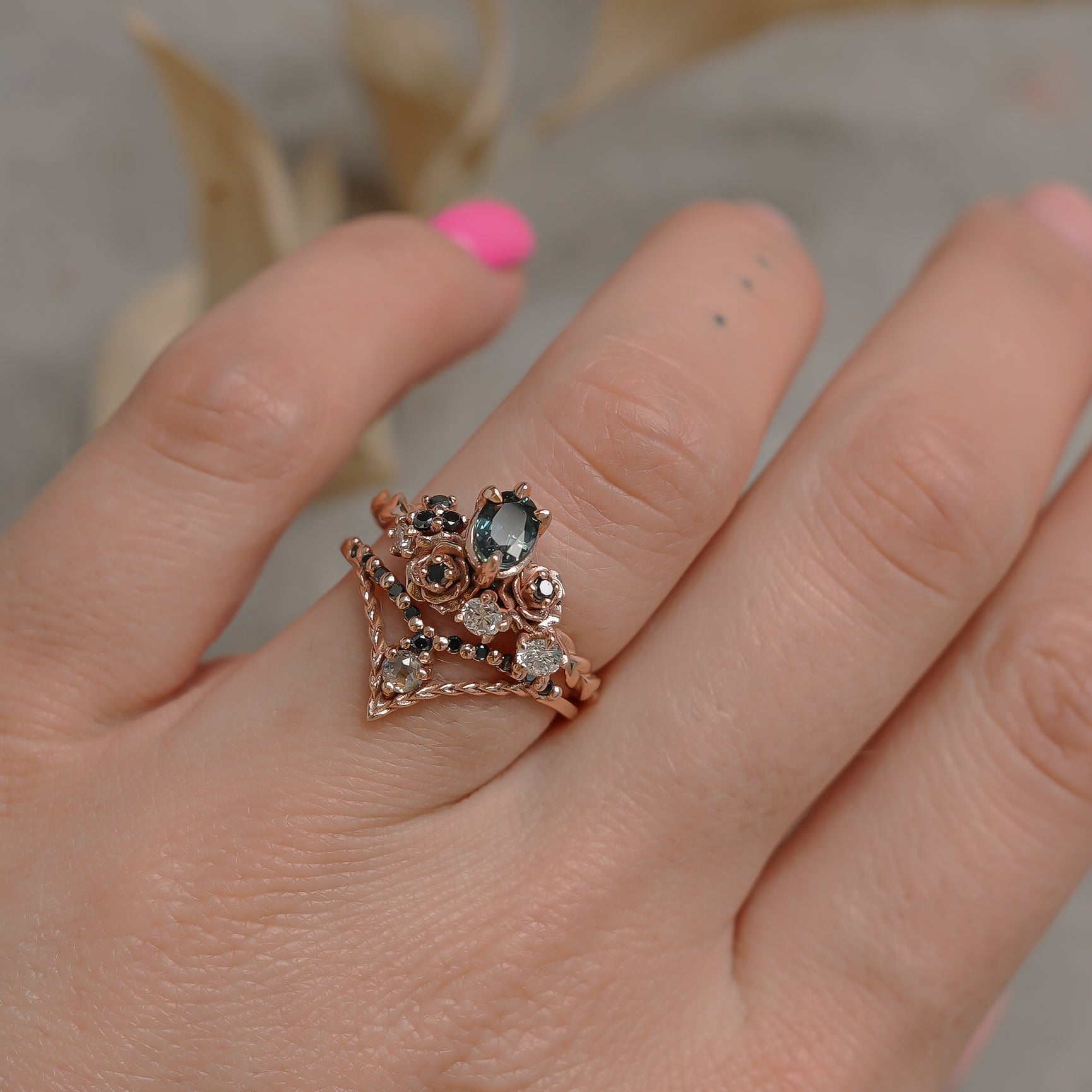 Small Rose Blossom Engagement Ring, Oval Sapphire & Natural Diamond