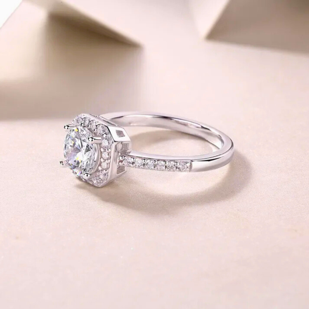 Timeless Elegance: 1ct Moissanite Round Cut Silver Ring with Halo Setting