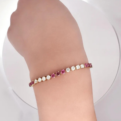 Ruby and Round Brilliant Cut Lab Grown Diamond 3-Prong 14K Yellow Gold Tennis Bracelet 7 Inches