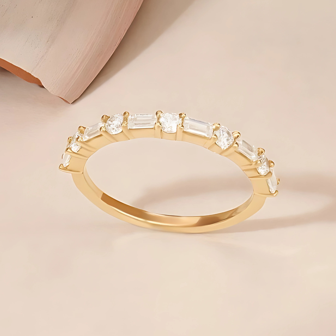 Lab grown Baguette and Round Half-Eternity Wedding Band – 14K Gold