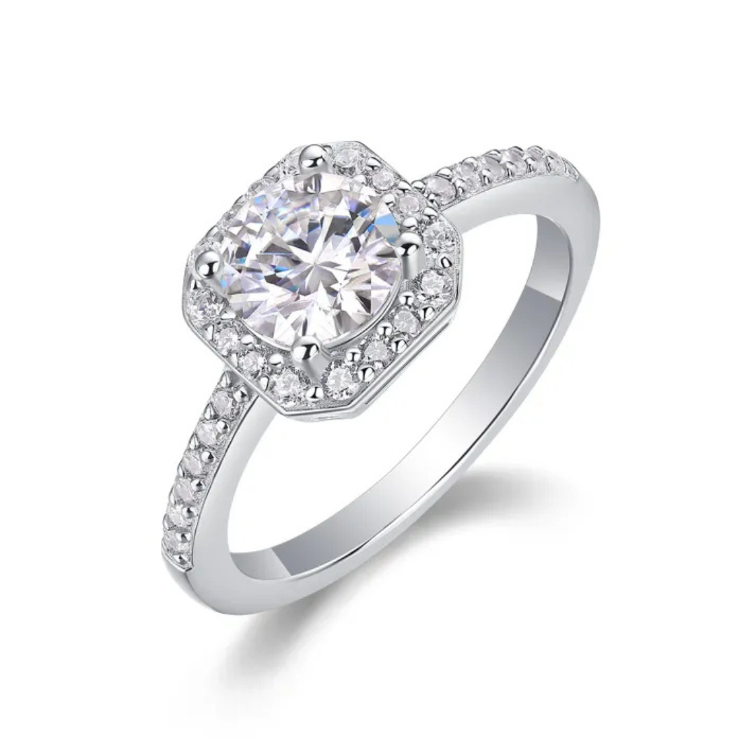 Timeless Elegance: 1ct Moissanite Round Cut Silver Ring with Halo Setting