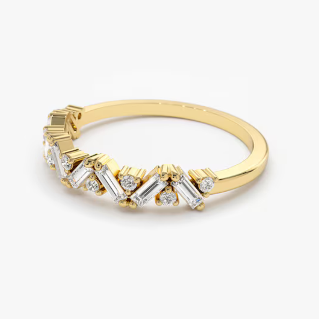 14K Gold Alternating Baguette and Round Diamond Stackable Band