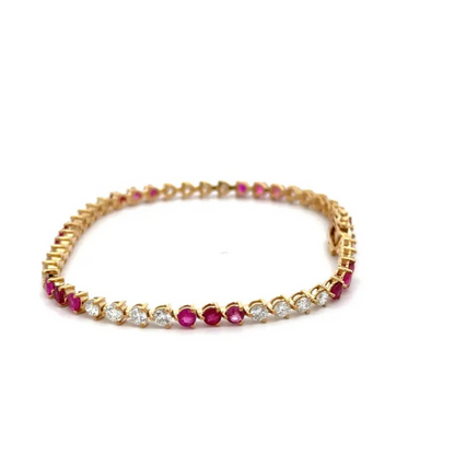 Ruby and Round Brilliant Cut Lab Grown Diamond 3-Prong 14K Yellow Gold Tennis Bracelet 7 Inches