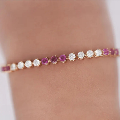 Ruby and Round Brilliant Cut Lab Grown Diamond 3-Prong 14K Yellow Gold Tennis Bracelet 7 Inches