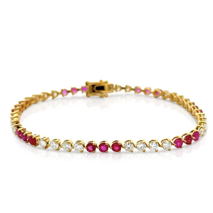 Ruby and Round Brilliant Cut Lab Grown Diamond 3-Prong 14K Yellow Gold Tennis Bracelet 7 Inches