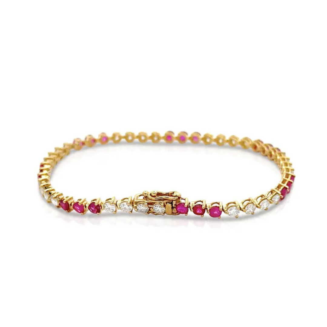Ruby and Round Brilliant Cut Lab Grown Diamond 3-Prong 14K Yellow Gold Tennis Bracelet 7 Inches