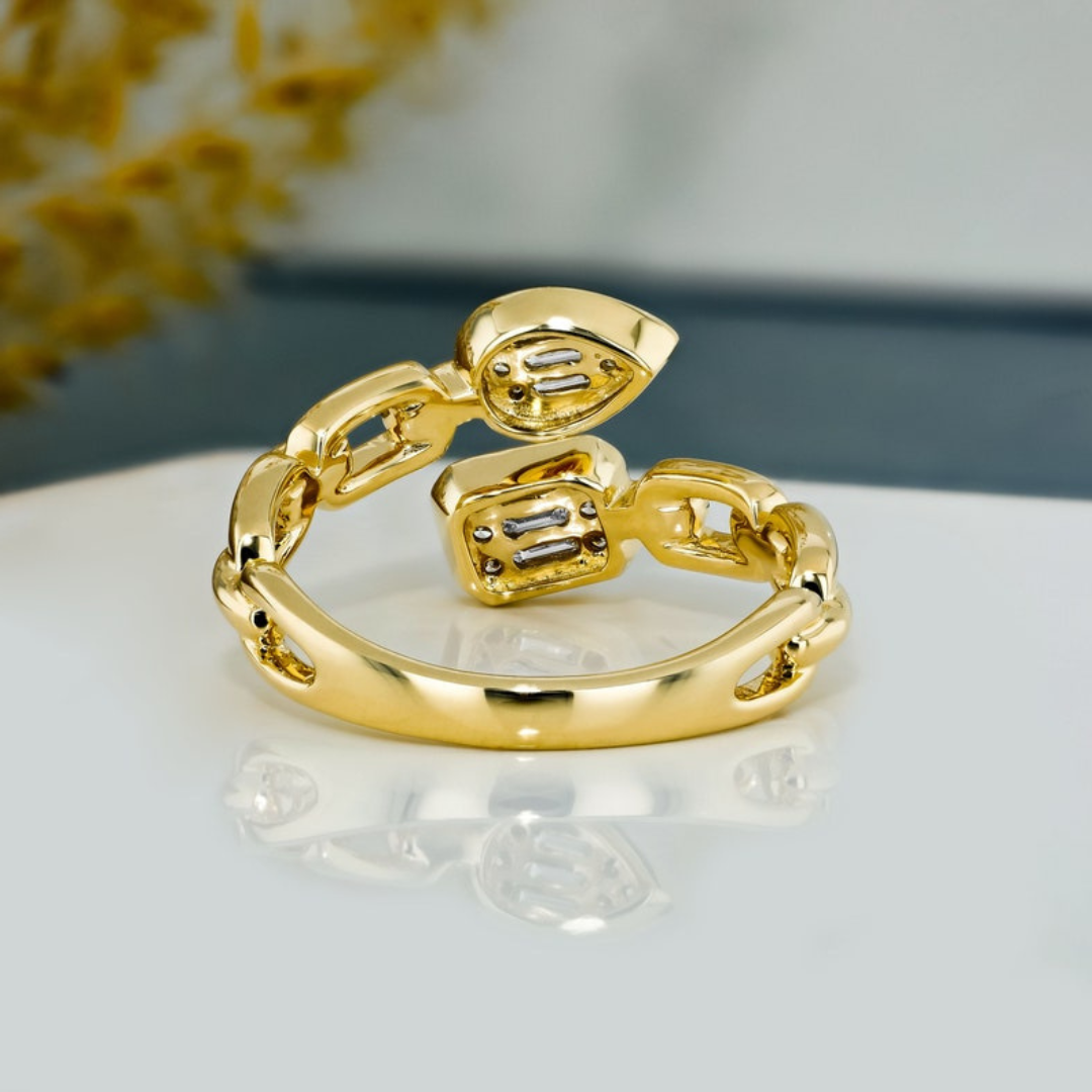 14K Solid Gold Diamond Bypass Link Ring