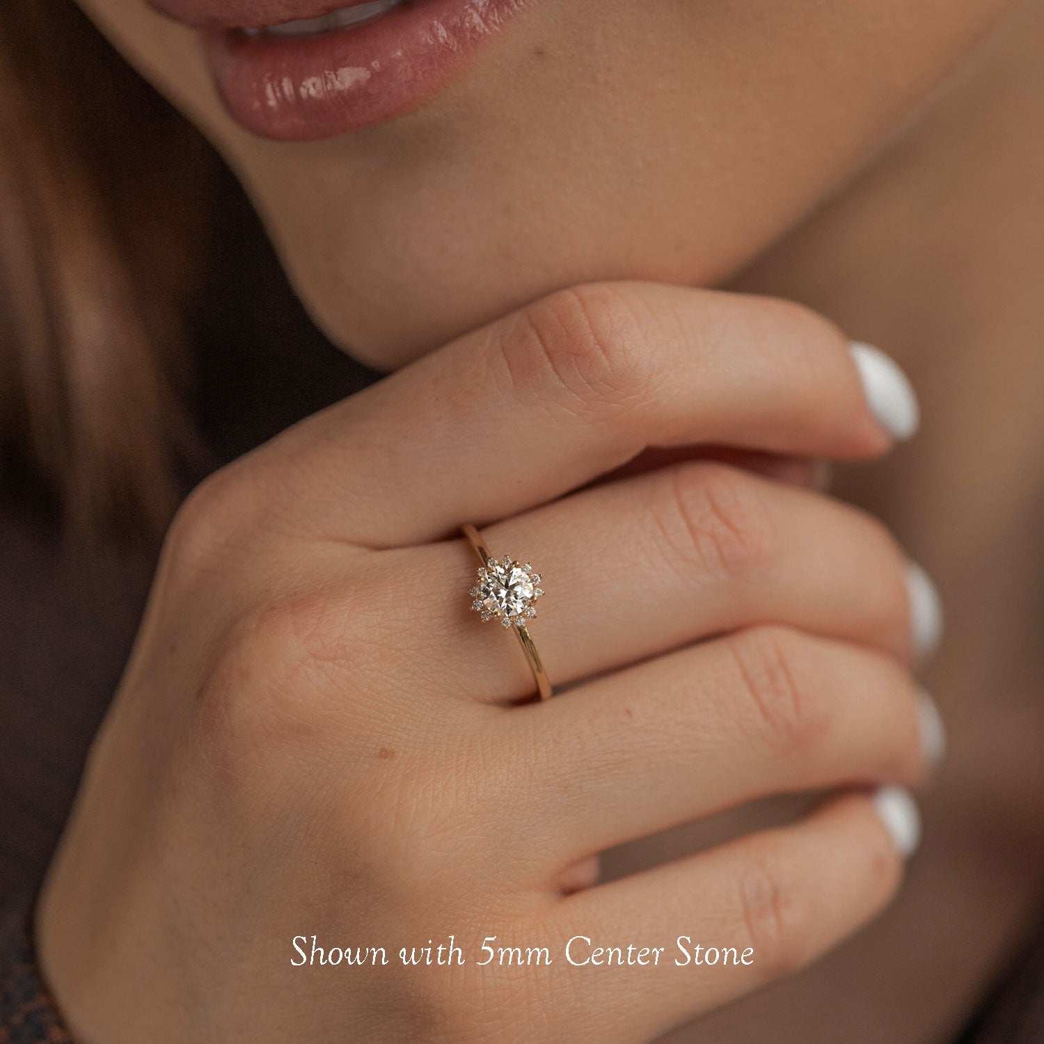 Round Peaceful Sunflower Halo Engagement Ring, Moissanite/Lab Grown Diamond