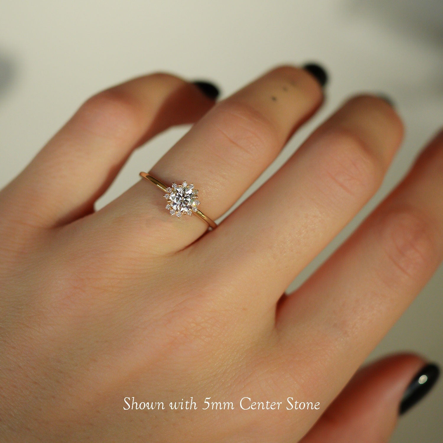 Round Peaceful Sunflower Halo Engagement Ring, Moissanite/Lab Grown Diamond